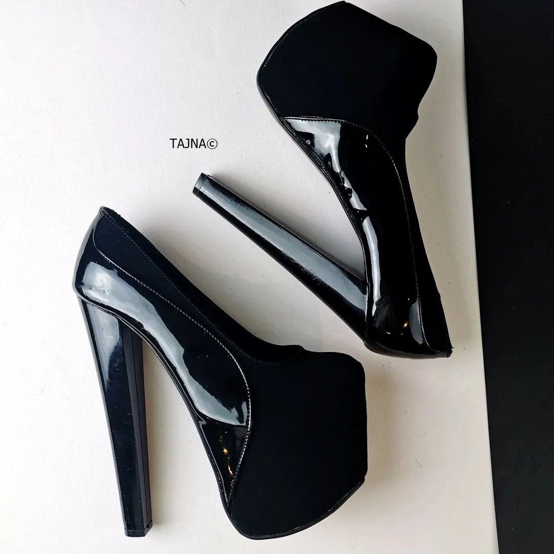 Black Suede Patent Detail Platform Heels