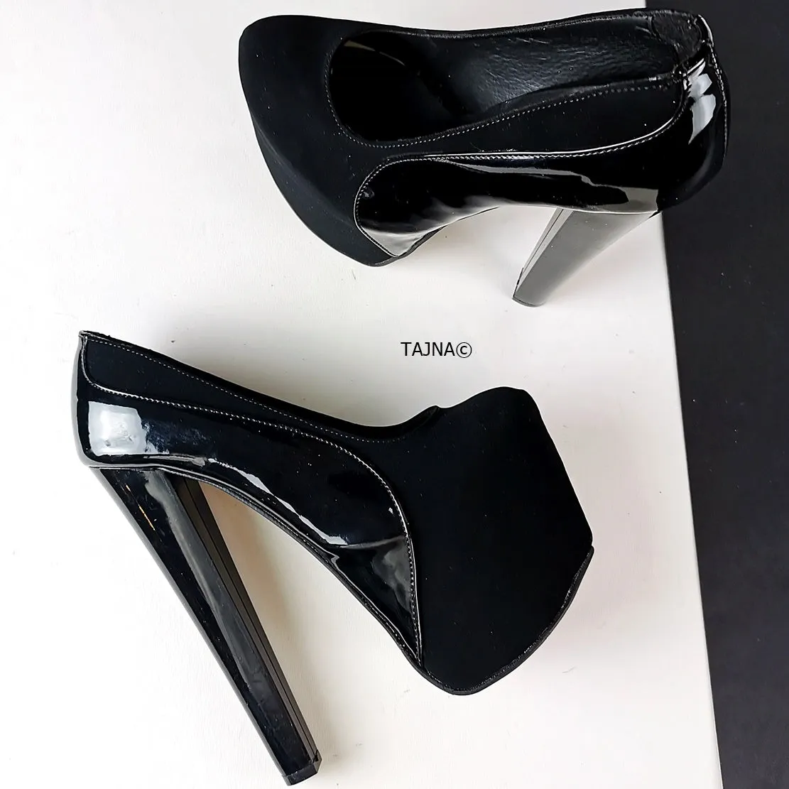 Black Suede Patent Detail Platform Heels