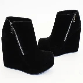 Black Suede Zipper Wedge Booties