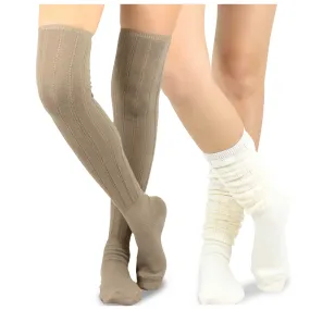 TeeHee Socks Women's Casual Polyester Over the Knee Pointelle Ivory/Taupe 2-Pack (11398)